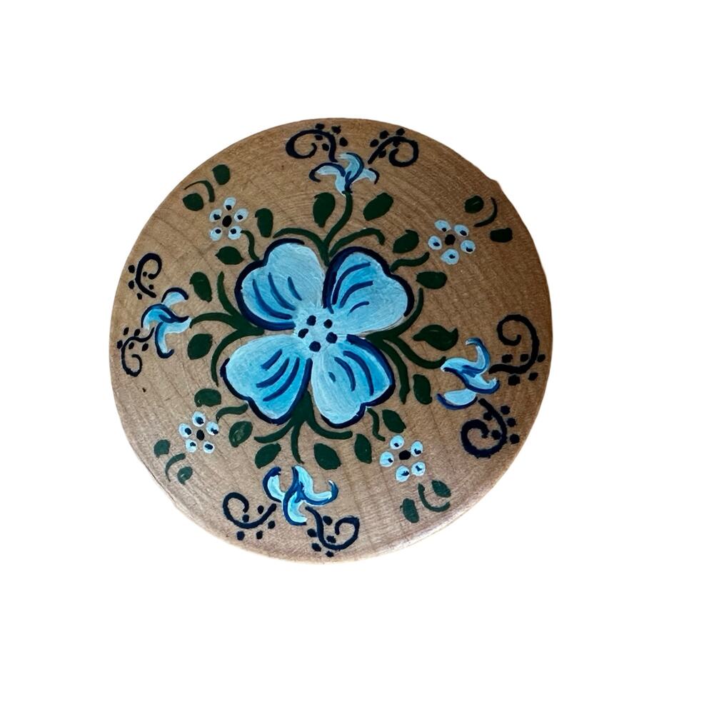 Vintage 70s Handpainted Wooden Blue Flower Brooch